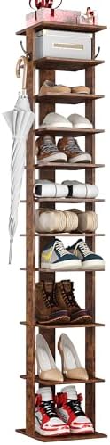 HOMEFORT 10-Tier Vertical Shoe Rack, Corner Shoe Tower, Slim Shoe Organizer with Two Hanging Hooks, Wooden Shoe Storage Stand for Entryway, Hallway, Closet, Rustic Brown by HOMEFORT