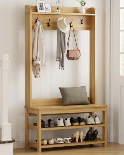 Hall Tree with Bench and Shoe Storage, 31.5” Coat Rack Entryway Organizer - Image 3