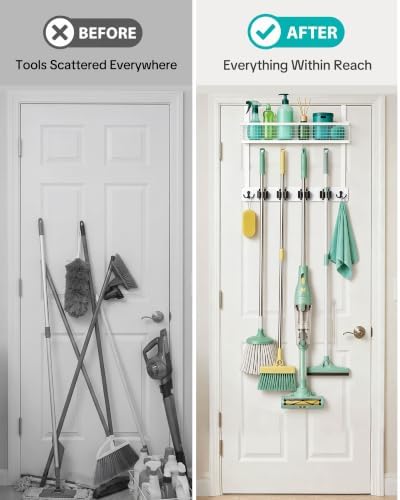 BS-VOG Over the Door Broom Holder with Basket, Wooden Mop & Broom Organizer - Image 4