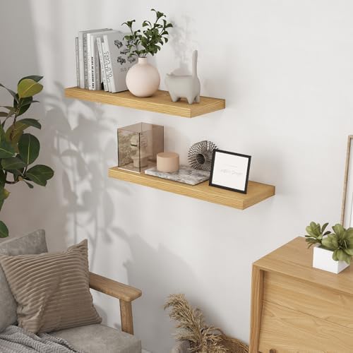Fun Memories 32" W x 9.3" D Floating Shelves, Rustic Wood Deep Shelves for Bedroom, Kitchen, Living Room, Long Floating Shelf for Wall, Storage Display Wall Shelf for Books Decor, Oak - Image 2
