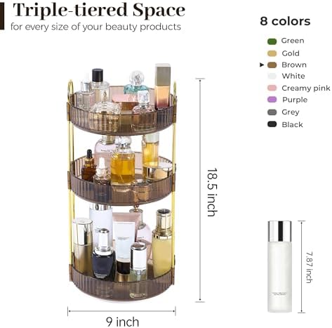 Aveniee Rotating Makeup Organizer for Vanity, 3 Tier Perfume Organizers and Storage for Bathroom Countertop, Clear Spinning Skincare Counter Shelf Holder for Dresser,Brown - Image 5