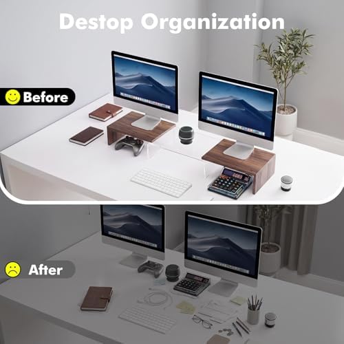 High-Clarity Dual Monitor Riser, Desk Organizer for Computer Monitor, Acrylic Monitor Riser with Keyboard Storage, Adjustable Angle & Length Computer Monitor Stand Walnut Look - Image 6