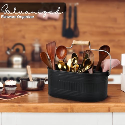 Alpha Living Home Large Silverware Drawer Organizer, Utensil Holder, Silverware Organizer, Caddy, Cutlery Holder, Wooden Handle 4-Section Galvanized Flatware Organizer for Kitchen, BBQ Black - Image 2