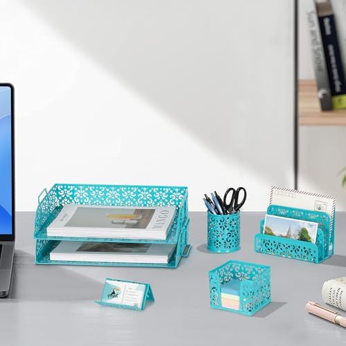 EasyPAG Desk Organizers and Accessories 5 Pieces Office Supplies Set - 2 Tier Paper Tray, Pencil Organizer for Desk, Mail Sorter Countertop, Business Card Holder and Sticky Note Holder, Dark Teal - Image 7