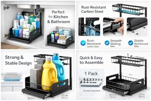 Under Sink Organizer 2 Tier Sliding Storage Rack – Carbon Steel Pull Out Cabinet Shelf for Kitchen & Bathroom, Heavy Duty Metal Under Cabinet Organizer. - Image 3