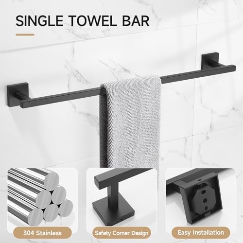 TQKAG Matte Black Bathroom Hardware Accessories Set 10 Pieces, 23.6" SUS304 Stainless Steel Towel Bar Set Wall Mounted Includes Single Towel Bar, Towel Ring, Toilet Paper Holder, Double Towel Hooks - Image 3