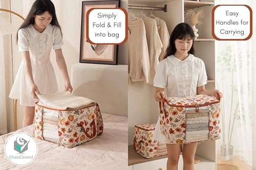 Chaos Cleared Canvas Storage Bags Designer Organizer 2 Pack – Seasonal Storage for Sweaters, Blankets, Linens & Garments – Foldable Design with Zip & Window (Autumn Print) - Image 3