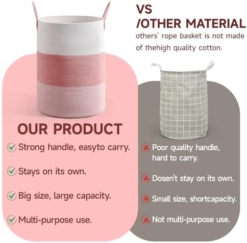 CLHMILY&Z 100L Laundry Basket Round Storage Rope Basket - 18.1x24 Inches - Pink Hamper in Bedreoom and Cute Storage Bin for Blankets, Toys, and Nursery Essentials - Image 6