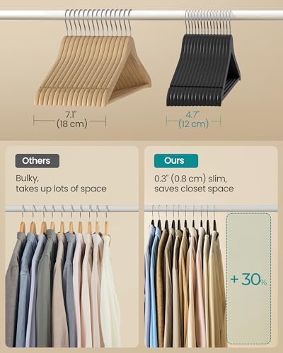 SONGMICS Wooden Hangers, Pack of 30, Coat Hangers, Pants Bar, 360° Swivel Hooks, Solid Birch Wood, 0.3-Inch Thick, Space Saving, for Jackets, Shirts, Coats, Ink Black UCRW030B01 - Image 4
