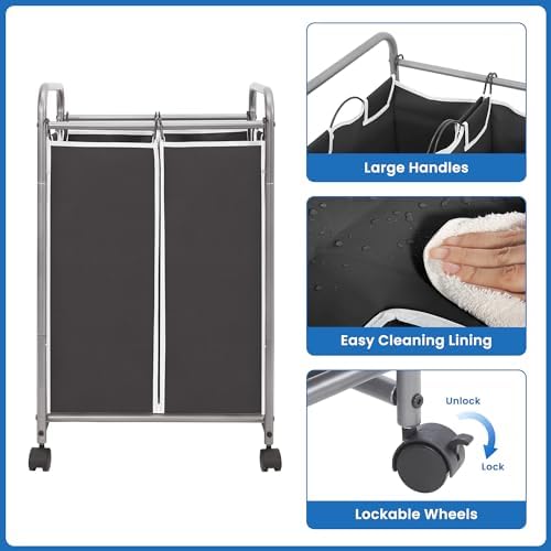 STORAGE MANIAC 2 Section Laundry Sorter, Laundry Hamper with Wheels, Black - Image 6