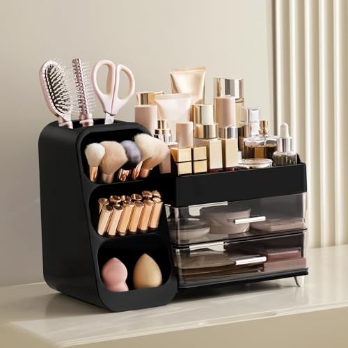 HBlife Cologne Organizer for Men Makeup Organizer with Brush Holder for Vanity, Large Plastic Bathroom Countertop Organizer Skin Care Storage, Fathers Day Gift for Dad Husband, Black - Image 2
