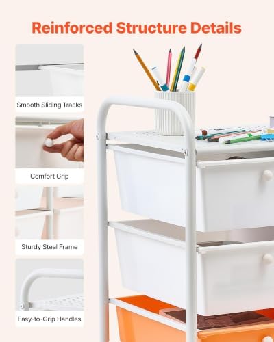 VEVOR Rolling Cart with Drawers, Double Row 15 Drawer Storage Organizer, Mobile Utility Cart, Steel Frame, Universal Casters & 2 Brakes, for Office, Classroom, Craft Room, Studio, Garage, Gradient Red - Image 5