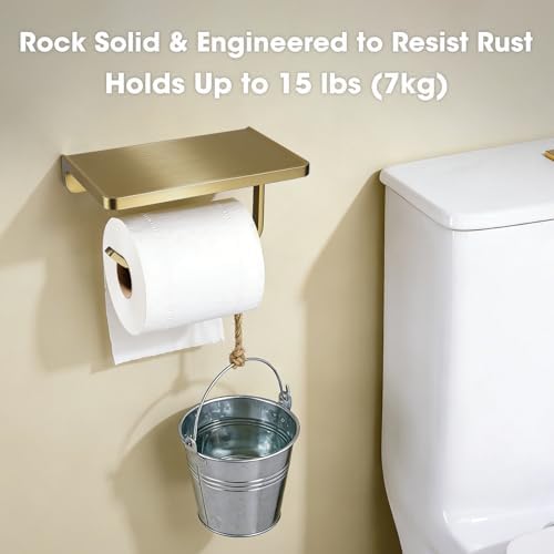 TRUSTMI Toilet Paper Holder with Phone Shelf, Zinc Alloy, Brushed Gold - Image 6