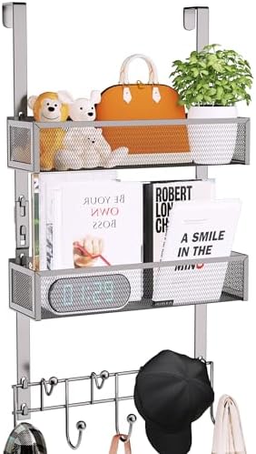 Consumest Over The Door Hooks Organizer - 3 Tier Door Hanger with 9 Coat Hooks & 2 Mesh Basket, Back Storage Organizer Hanging Towels for Bathroom, Bedroom, Sand Nickel by Consumest