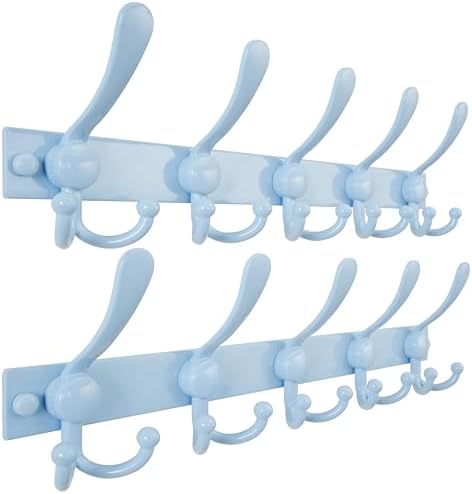 Dseap Coat Rack Wall Mount, Heavy Duty 12-Gauge Base vs Flimsy 1mm, Double-Thick Solid Anti-Snap Hooks, 16” Stud-Mount, Stainless Steel Hanger for Clothes Hat Entryway Closet, Blue, Pack of 2 by Dseap