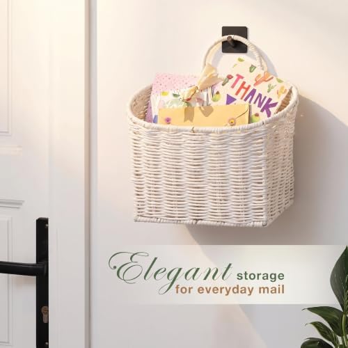 84ECO Set of 2 White Woven Paper Rope Hanging Baskets for Organizing, Front Door, Mail, Flowers - Image 2