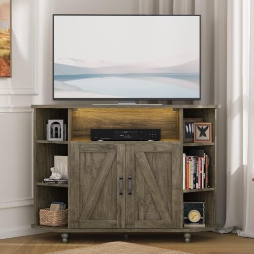 4 EVER WINNER 45" Corner TV Stand for 55-Inch TVs with Storage, Grey by 4EVERWINNER