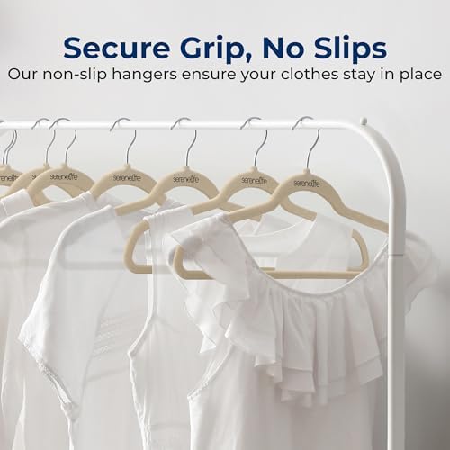 SereneLife 50 Pack Velvet Hangers - Non-Slip Felt Hangers with 360° Swivel Hook, Space-Saving, Ultra-Thin, Lightweight for Shirts, Sweaters, Hoodies, Kids Clothes & Dresses (Ivory) - Image 3