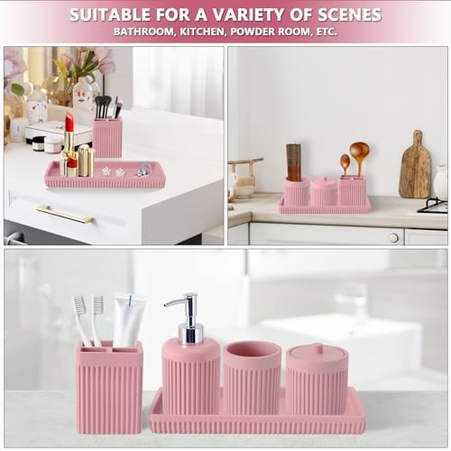 XLHOMO Resin Pink Bathroom Accessories Set 5 Pcs, Lotion Soap Dispenser, Toothbrush Holder, Bathroom Tumbler, Qtip Holder and Vanity Tray, Bathroom Countertop Organizer Set for Modern Home Apartment - Image 6