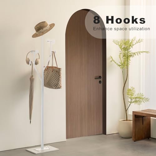 JIAYUEJU Freestanding Coat Rack Marble Base Coat tree Heavy Duty(White) | Tree-shaped Easy Assembly Space Saver Metal Frame 8 Hooks for Entryway Bedroom Living Room Office Corner - Image 5
