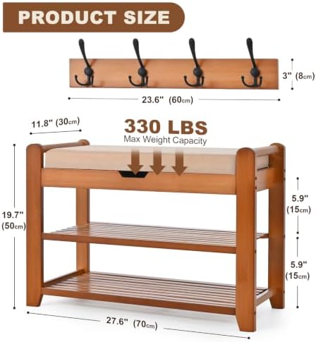 27.6in Shoe Rack with Storage Bamboo Entryway Bench with Drawer & Hooks - Image 2