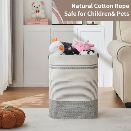 Laundry Hamper, 85L Cotton Rope Laundry Basket, Grey & White - Image 7