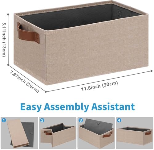 GhvyenntteS Small Fabric Storage Bins 6 Pack, 11.8" x 7.87" x 5.11" Storage Basket with Leather Handles, Closet Storage Bins for Shelves, Storage Baskets for Shelves, DVD Storage (Beige Yellow) - Image 2