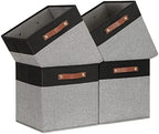 Temary 13 x 13 Storage Cubes Foldable Storage Cubes 4 Pack Canvas Storage Bin for Home, Square Storage Baskets with Leather Handles (Black&Grey) by TEMARY