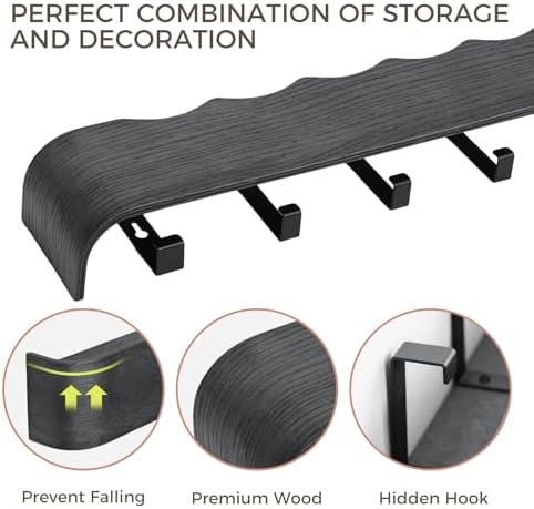 Coat Rack Wall Mount with Shelf Entryway Shelf Modern Key Holder Hanger Wall Shelves with Hidden Hooks for Hanging Towels Coats Hats Bags for Hallway Bathroom Bedroom (Wavy Black, 4 Hooks) - Image 5