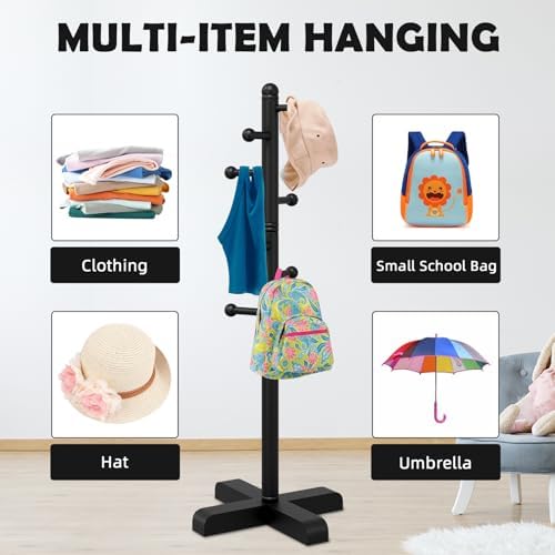 8-Hook Freestanding Wooden Coat Rack 2 Adjustable Heights BLACK - Image 6