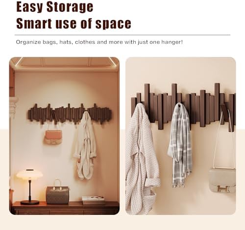 Coat Rack Wall Mount Piano Flip Down Wall Hook Rack 5 Hooks Walnut - Image 2
