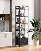 Furologee 6 Tier Bookshelf with Drawer, Tall Narrow Bookcase, Black Oak - Image 6