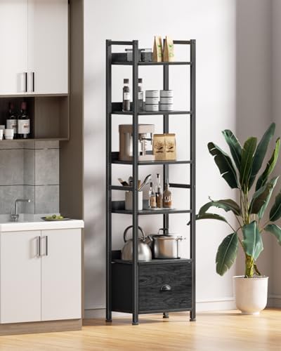 Furologee 6 Tier Bookshelf with Drawer, Tall Narrow Bookcase, Black Oak - Image 6