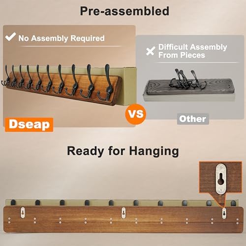 Dseap Coat Rack Wall - Heavy-Duty 38-1/4" Long, with Reinforced 10 Custom Tri-Hooks, Solid Wood Wall Hanger for Coats Hat Jackets - Rustic Farmhouse Entryway Storage,Weathered Brown & Black,Pack of 2 - Image 4