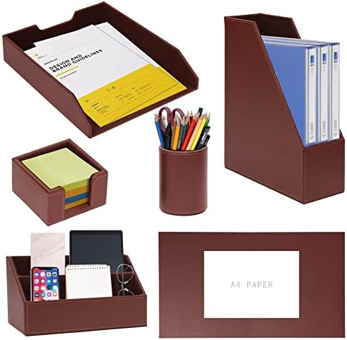 6 Piece Office Supplies/Desk Organizer Set with Desktop Leather Writing Pad,File Paper Tray,Magazine folder Holder, Pen Cup,Sticky Note Holder,Letter Mail Sorter,Workspace Decor for Women Men Brown by RHCSZ