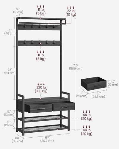 VASAGLE Hall Tree with Bench and Shoe Storage, 2 Fabric Drawers, 10 Hooks - Image 6