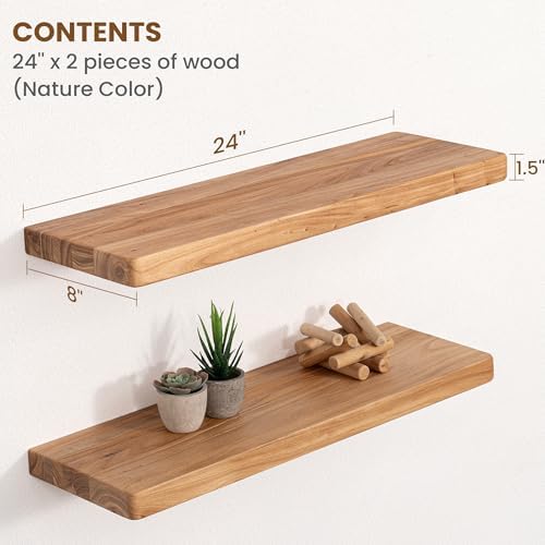 Floating Shelves for Wall, 24"Wx8"D Rustic Solid Elm Wood Floating Shelves Wall Mounted, Round Edge Wall Shelves with Invisible Bracket for Living Room Bathroom Bedroom Kitchen, Set of 2, Natural - Image 2