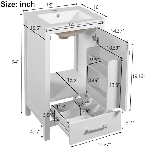 Harper & Bright Designs 18" Bathroom Vanity with Sink, Free Standing Single Vanity Set with One Divider Drawer, and Door Storage Shelf, Wooden Storage Cabinet with Ceramic Basin for Bathroom, White - Image 2