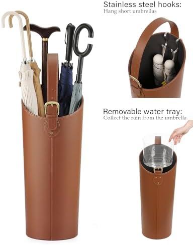 Brown Artificial Leather Tall Umbrella Holer Entryway Indoor for Business Office,22.4 Inch Umbrella Stand Entryway with Removable Water Tray 2 Hooks - Image 6
