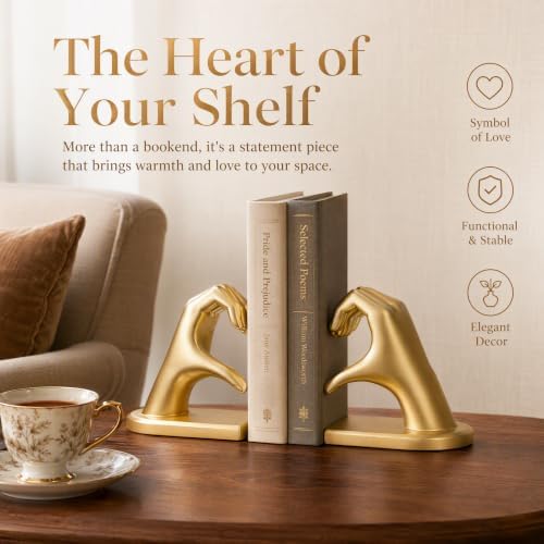 Gold Decorative Bookends for Shelves, Heart Hands Resin Sculpture with Non-Slip Felt Base, Modern Book Ends for Living Room, Bedroom and Office,Larger Size-10.43x3.93x5.51 - Image 4