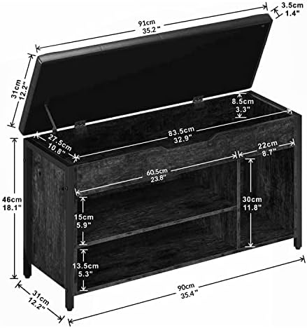 Shoe Bench, Lift Top Shoe Storage Bench, Adjustable Shelf Entryway Bench, Metal and Wood Shoe Rack Organizer with Cushion for Entry, Bedroom, Closet, Living Room, Hallway (Black, 35.5" W) - Image 2
