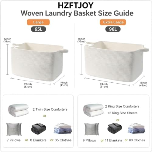 96L Woven Laundry Basket with Handles, Extra Blanket Basket,White - Image 2