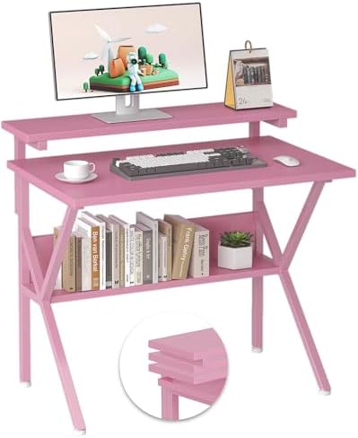 COTUBLR Small Desk, 27.5 Inch Small Computer Desk for Spaces, Computer Desks with Adjustable Monitor Stand, Compact Desks with Storage, Tiny Study Table for Bedroom Home Office, Pink by COTUBLR