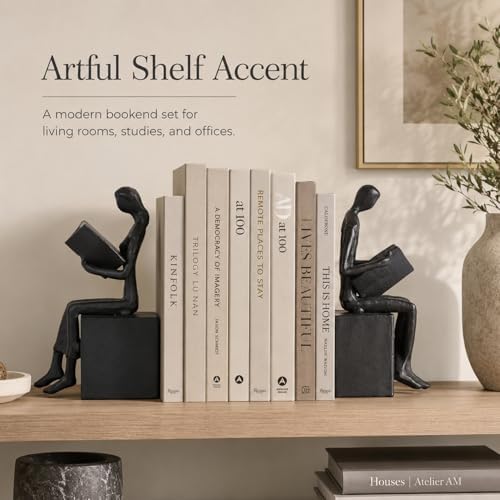 Iron Decorative Bookends for Heavy Books, Black Reading Couple Book Ends Decorative, Metal Thinker Bookends for Shelves Shelf Bookshelf Books Home Office Aesthetic or Book Lovers Gifts - Image 5