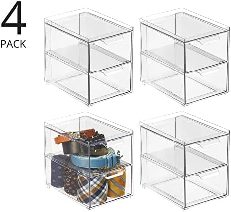 mDesign Stackable Storage Containers Box with 2 Pull-Out Drawers - Stacking Plastic Drawer Bins for Closet Organization, Linen, Coat, Bedroom or Entryway Closets - Lumiere Collection - 4 Pack, Clear - Image 4
