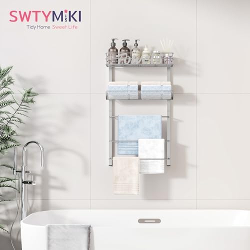 SWTYMIKI Over the Door Towel Racks for Bathroom - 5-Tier Wall Mounted Bathroom Towel Storage Organizer Holder with Metal Shelf, Sliver - Image 5