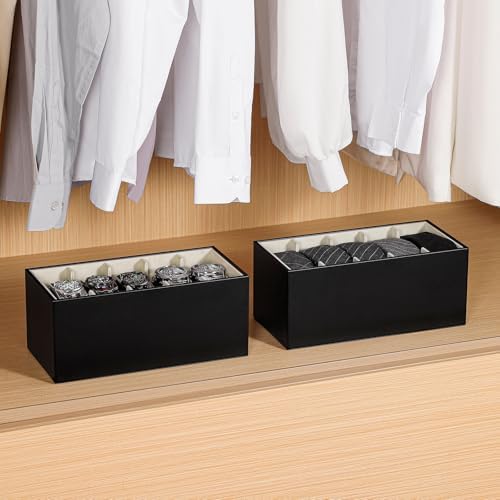 2 Packs Leathers Belt Organizer for Closet and Drawer, Stackable 5 Grids Dresser Drawer Organizers, Belt Tie Holder for Men,Tie Box-Black - Image 6