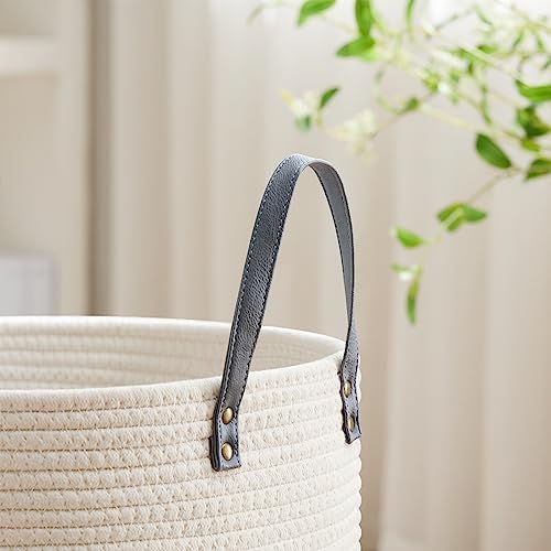 VIPOSCO 100L Tall Woven Rope Laundry Hamper, Leather Handles, Grey & White - Image 3