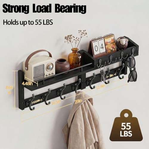 29” Coat Rack Wall Mount with Shelf, Coat and Key Hanger with Metal Hooks - Image 4