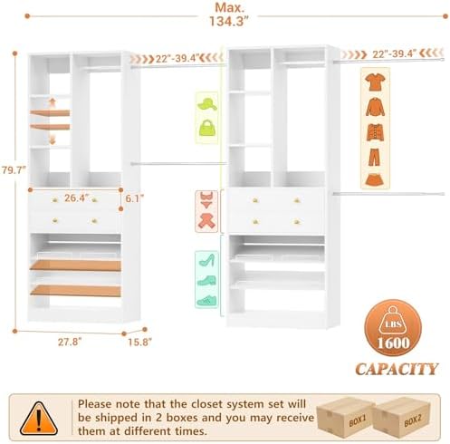 Besiost Closet System, Up to 134"/11.2 FT Closet Organizer with 4 Wooden Drawers and Shelves, Walk-in Closet System with 6 Hanging Rods, Built-in Closet Can Fit 96"/8FT, 120"/10FT, White Set 2 - Image 3